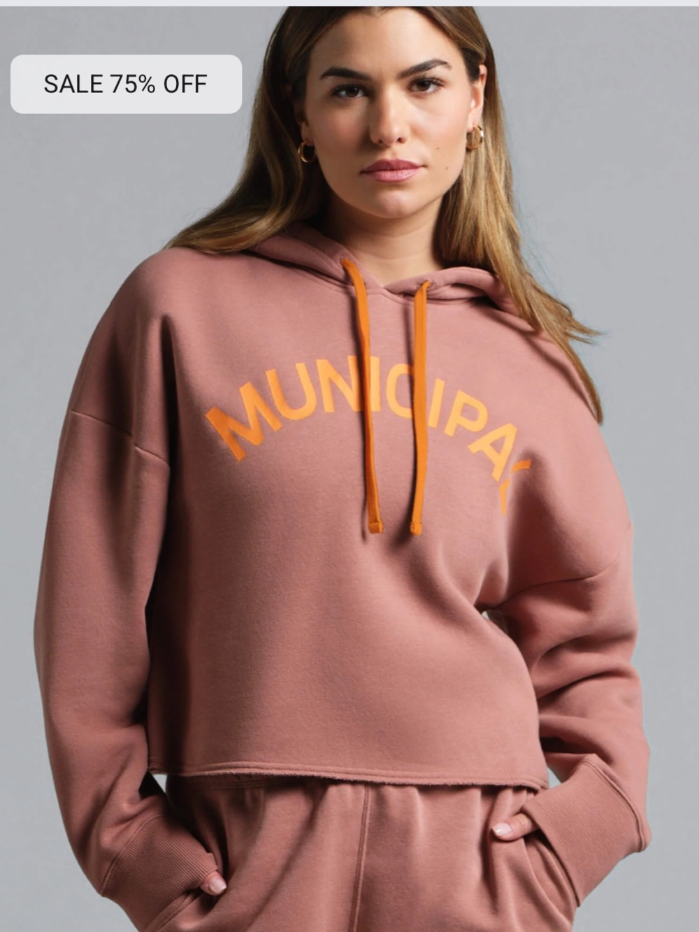 MUNICIPAL BLUSH PINK AND ORANGE LONG SLEEVE CROPPED “M.OG” MID WEIGHT HOODIE